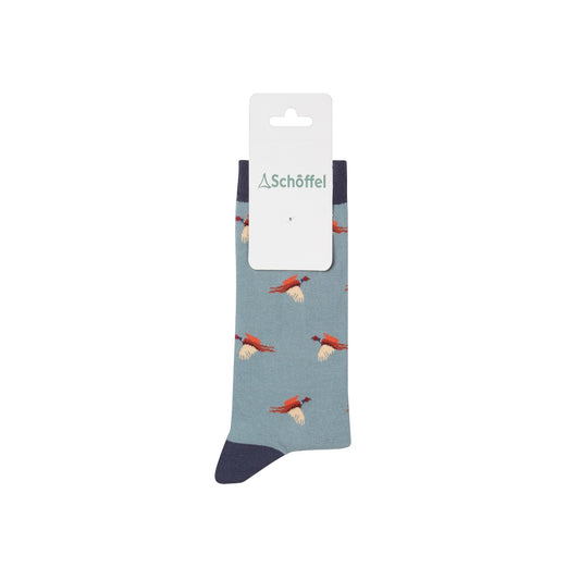 Sock with bird pattern on a light blue background, displayed on a white card with Schoffel branding.