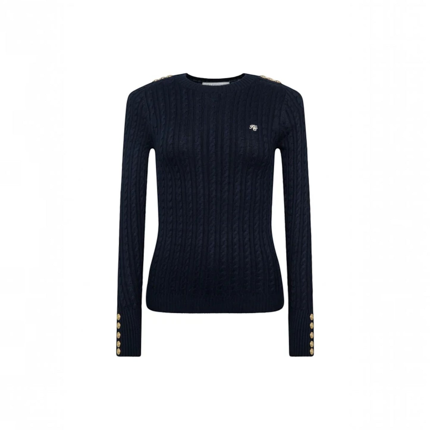 A dark navy blue cable-knit long-sleeve sweater with gold button accents on the shoulders and cuffs, and a small embroidered horse logo on the left chest, shown against a plain white background.