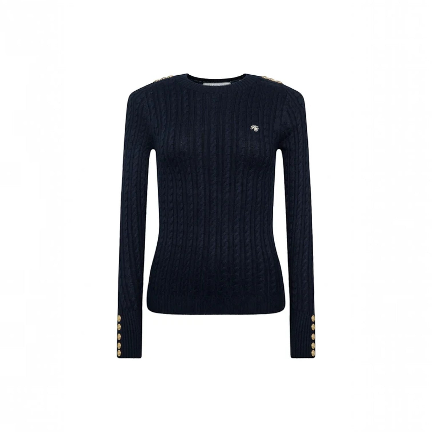 A dark navy blue cable-knit long-sleeve sweater with gold button accents on the shoulders and cuffs, and a small embroidered horse logo on the left chest, shown against a plain white background.