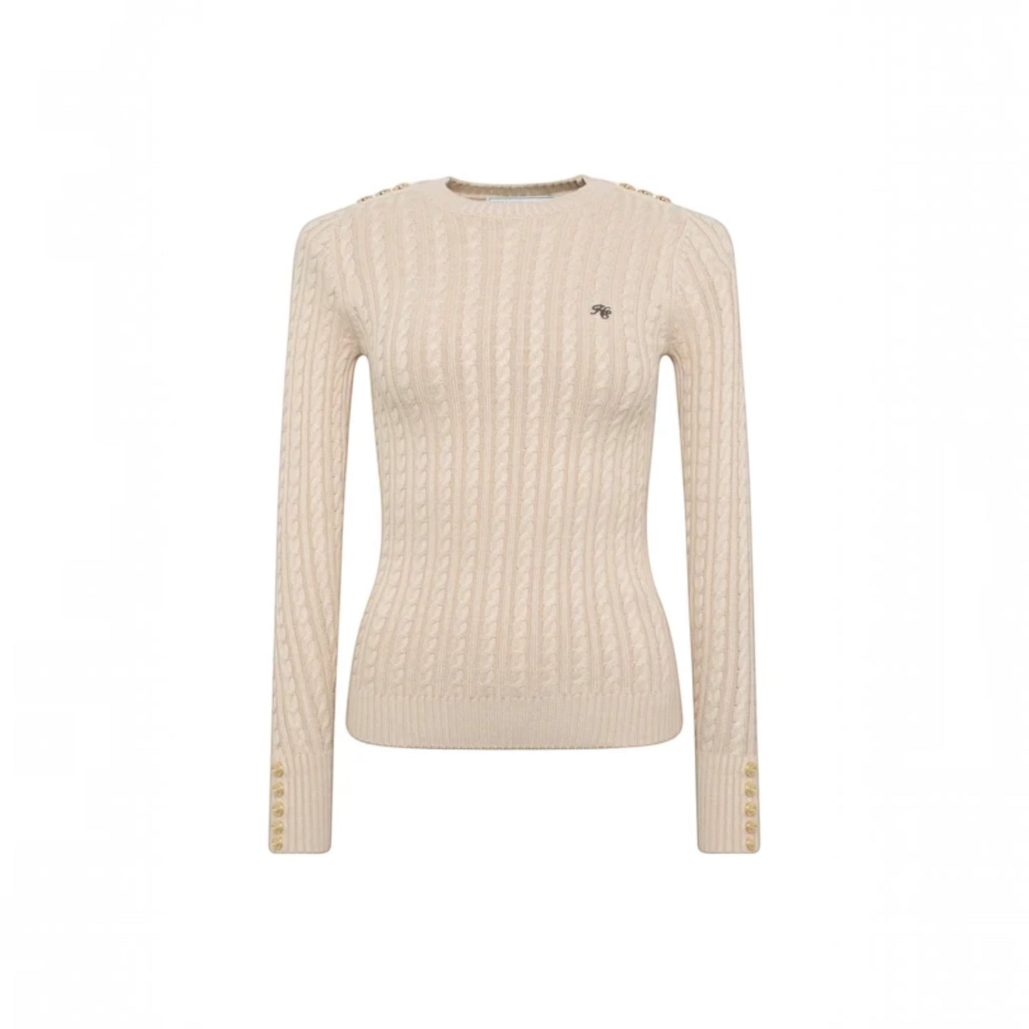 A cream-colored cable-knit sweater with gold button accents on the shoulders and cuffs, displayed on a clean white background.