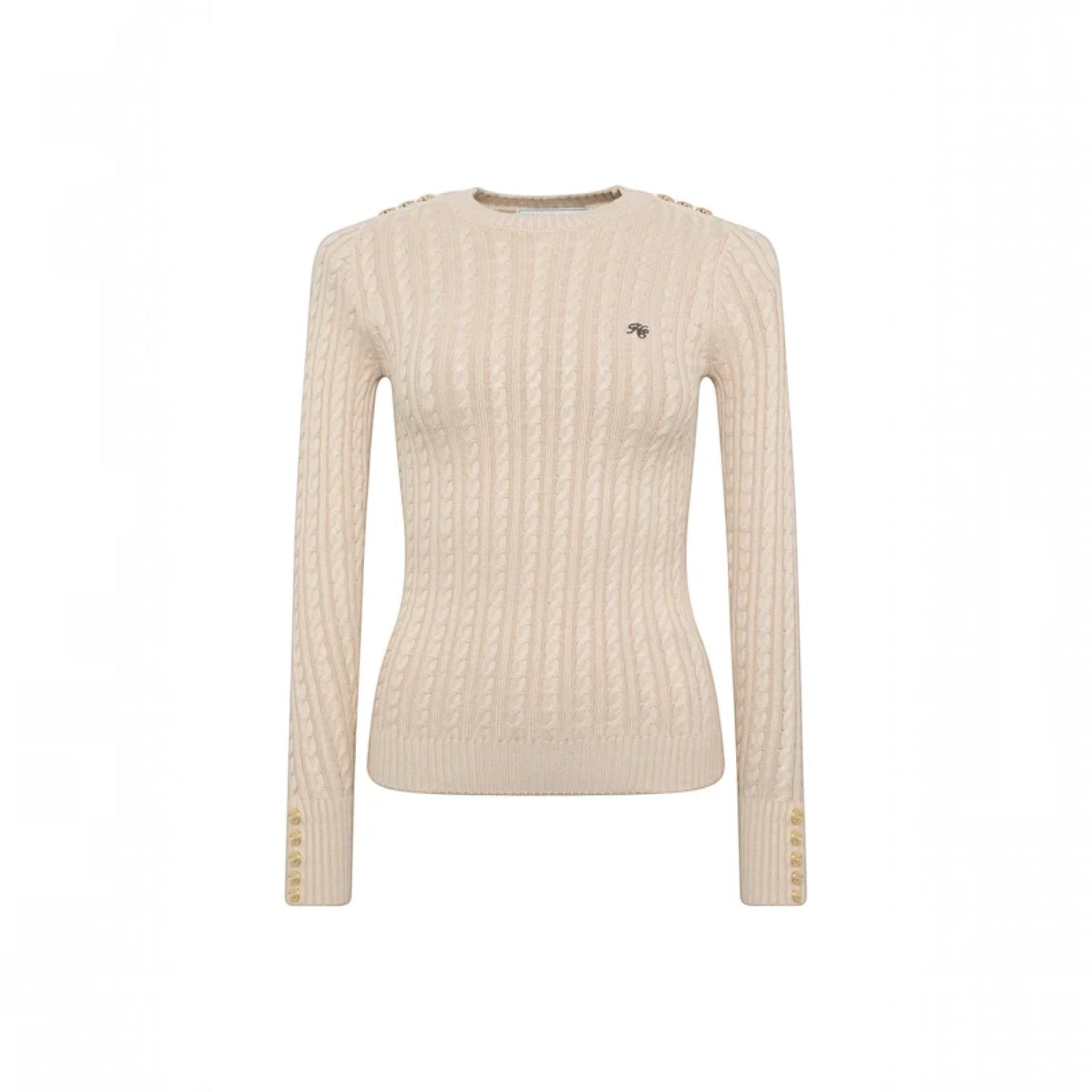 A cream-colored cable-knit sweater with gold button accents on the shoulders and cuffs, displayed on a clean white background.