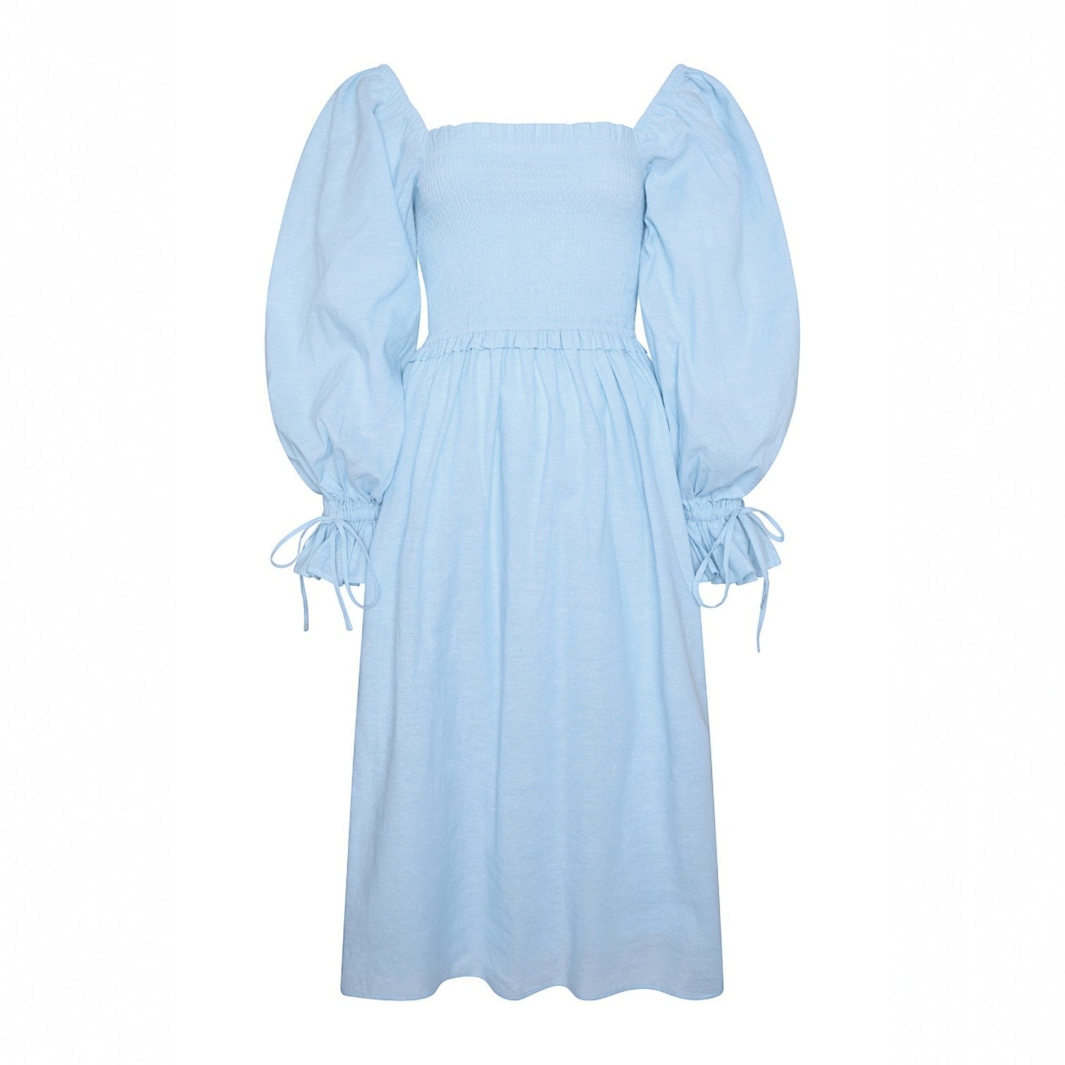 Light blue dress with puff sleeves on a white background
