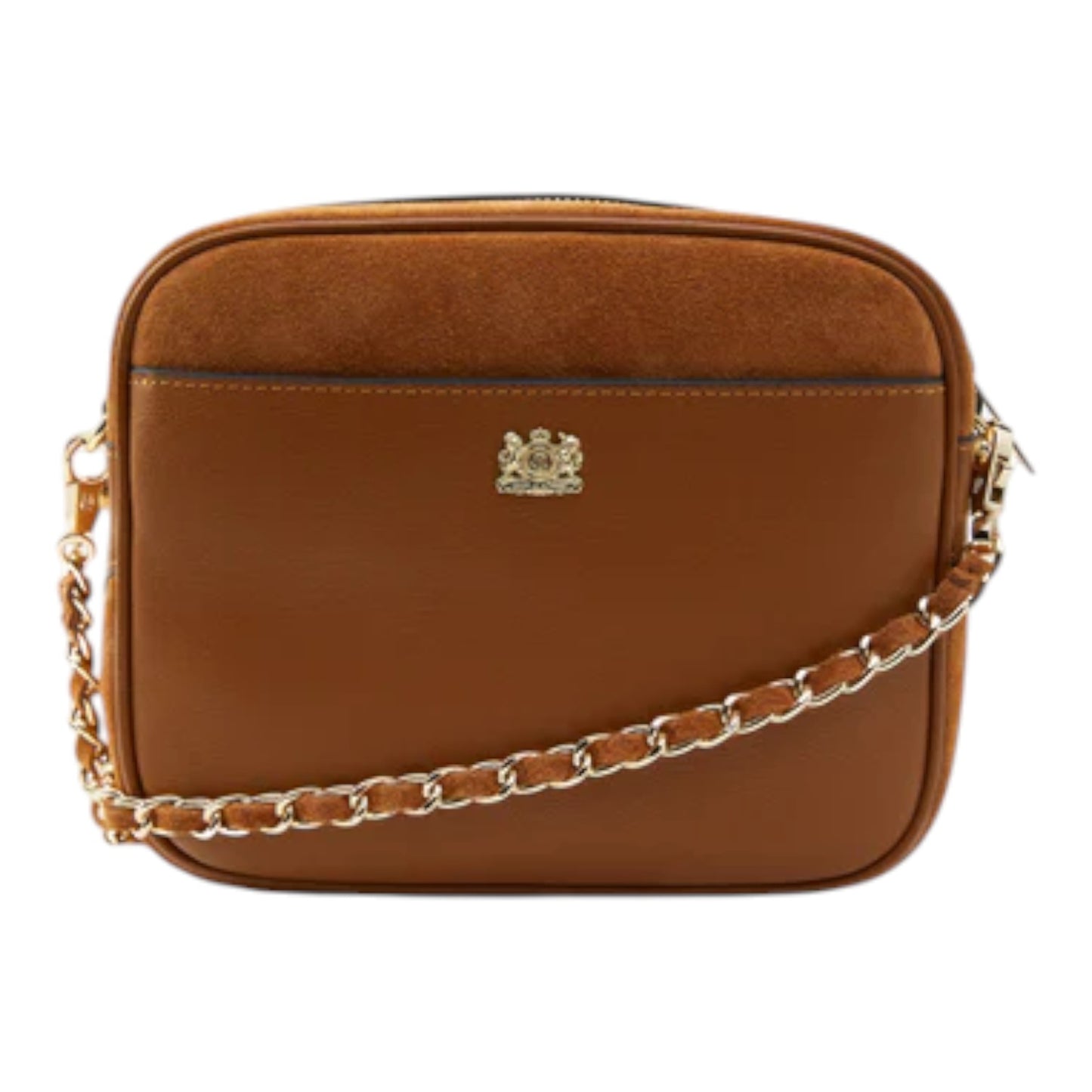 Brown leather handbag with chain detail on a white background