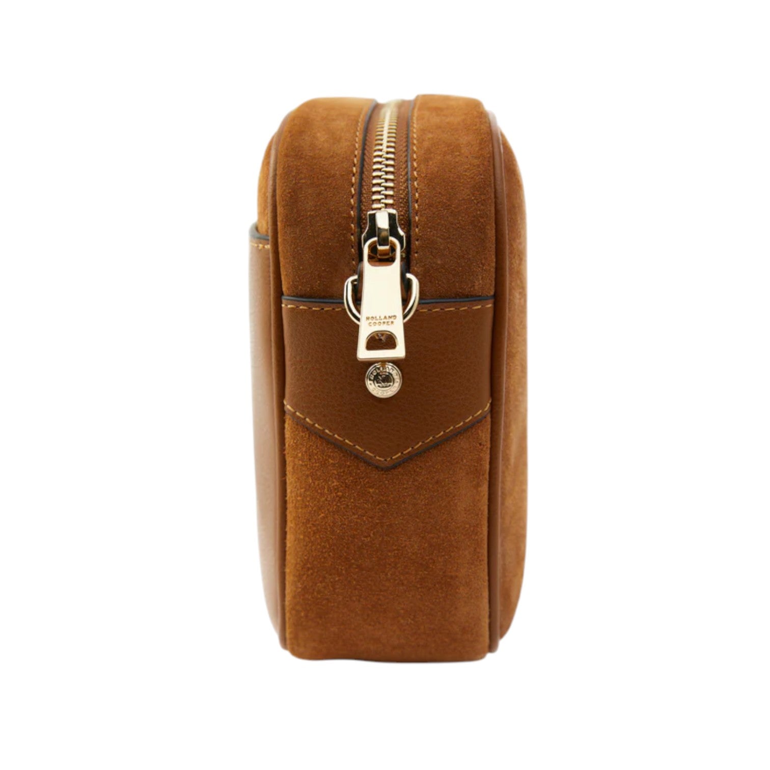 Brown leather pouch with a gold zipper on a white background