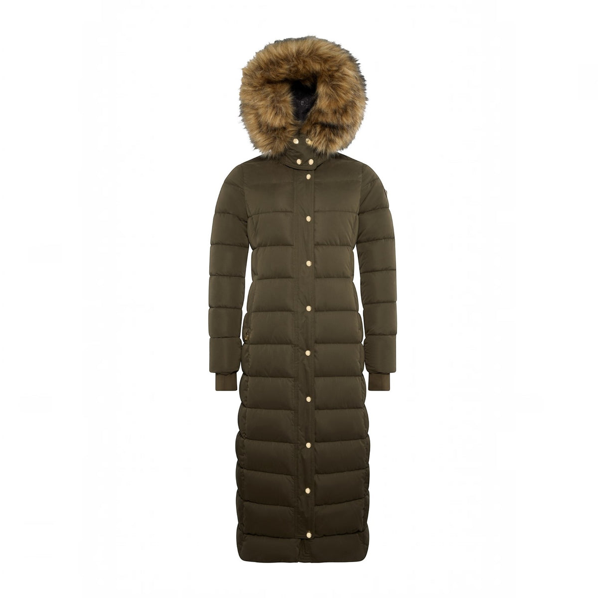 An olive green long puffer coat with a large brown faux-fur trimmed hood and gold-tone buttons, shown on a plain white background.