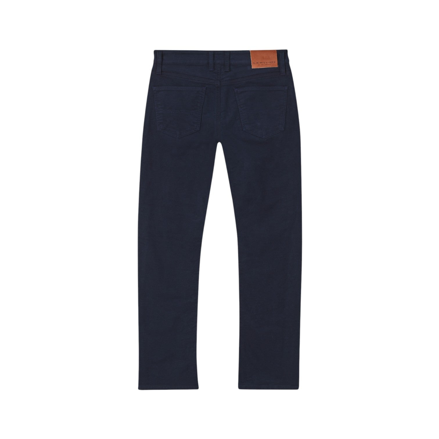 Navy blue jeans with a brown leather patch on a white background