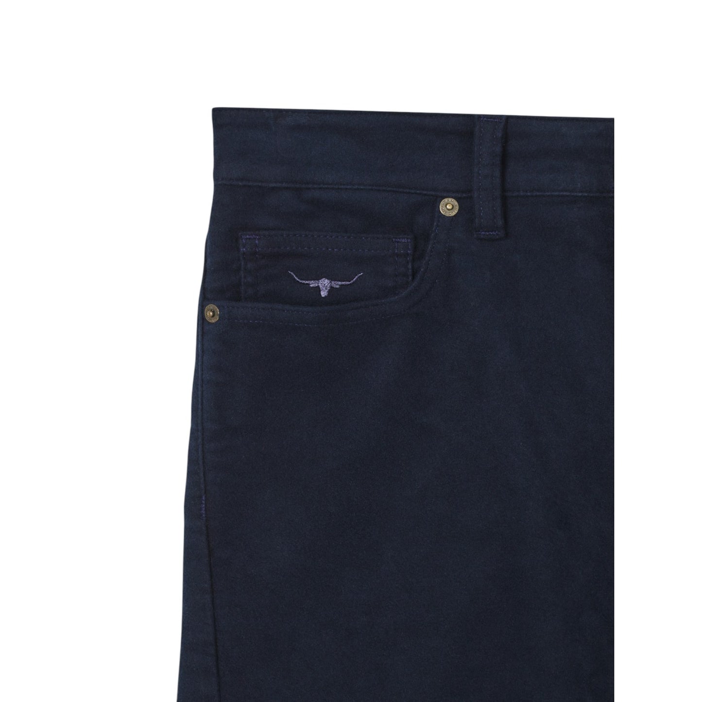 Navy blue jeans with a brand logo on the pocket against a white background