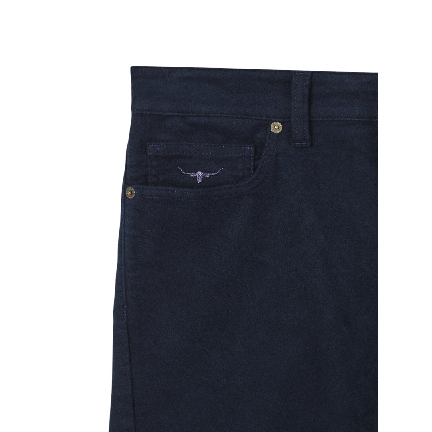 Navy blue jeans with a brand logo on the pocket against a white background