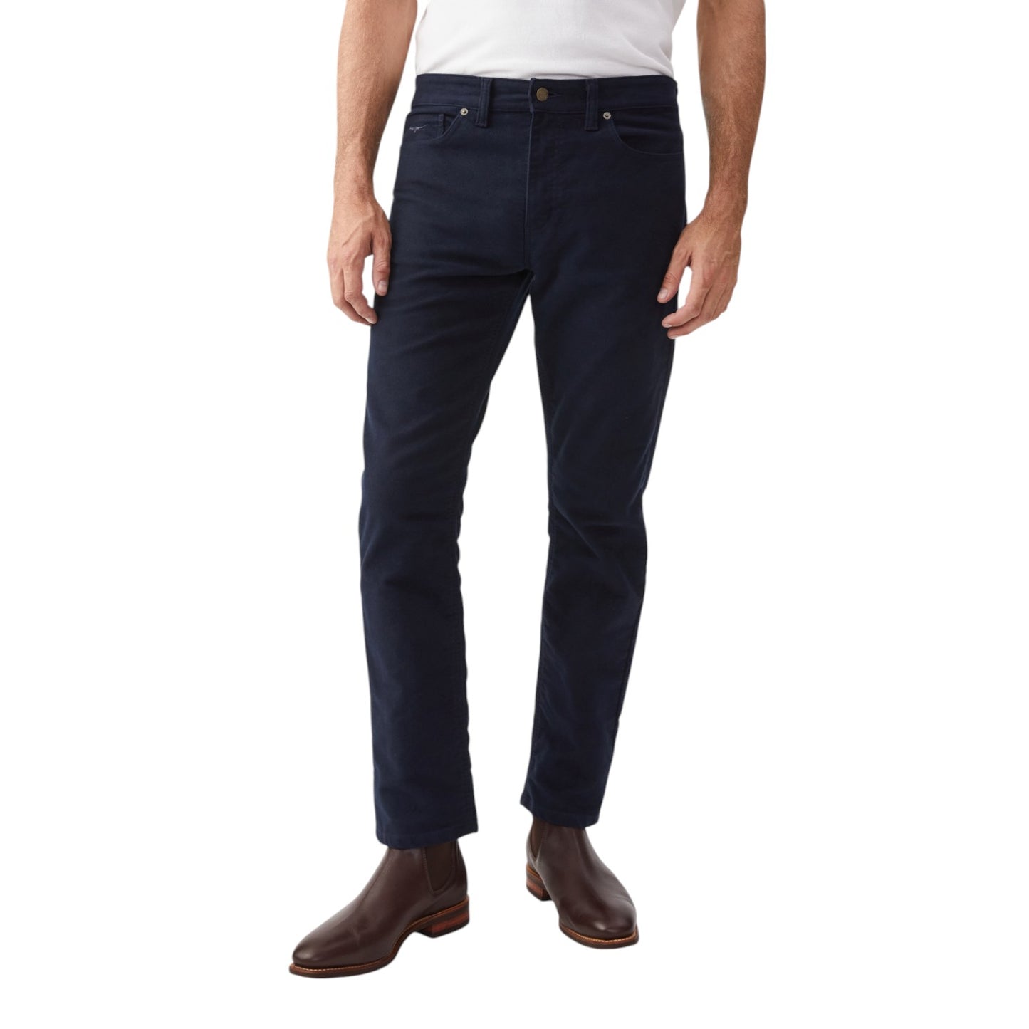 Person wearing navy blue pants on a white background