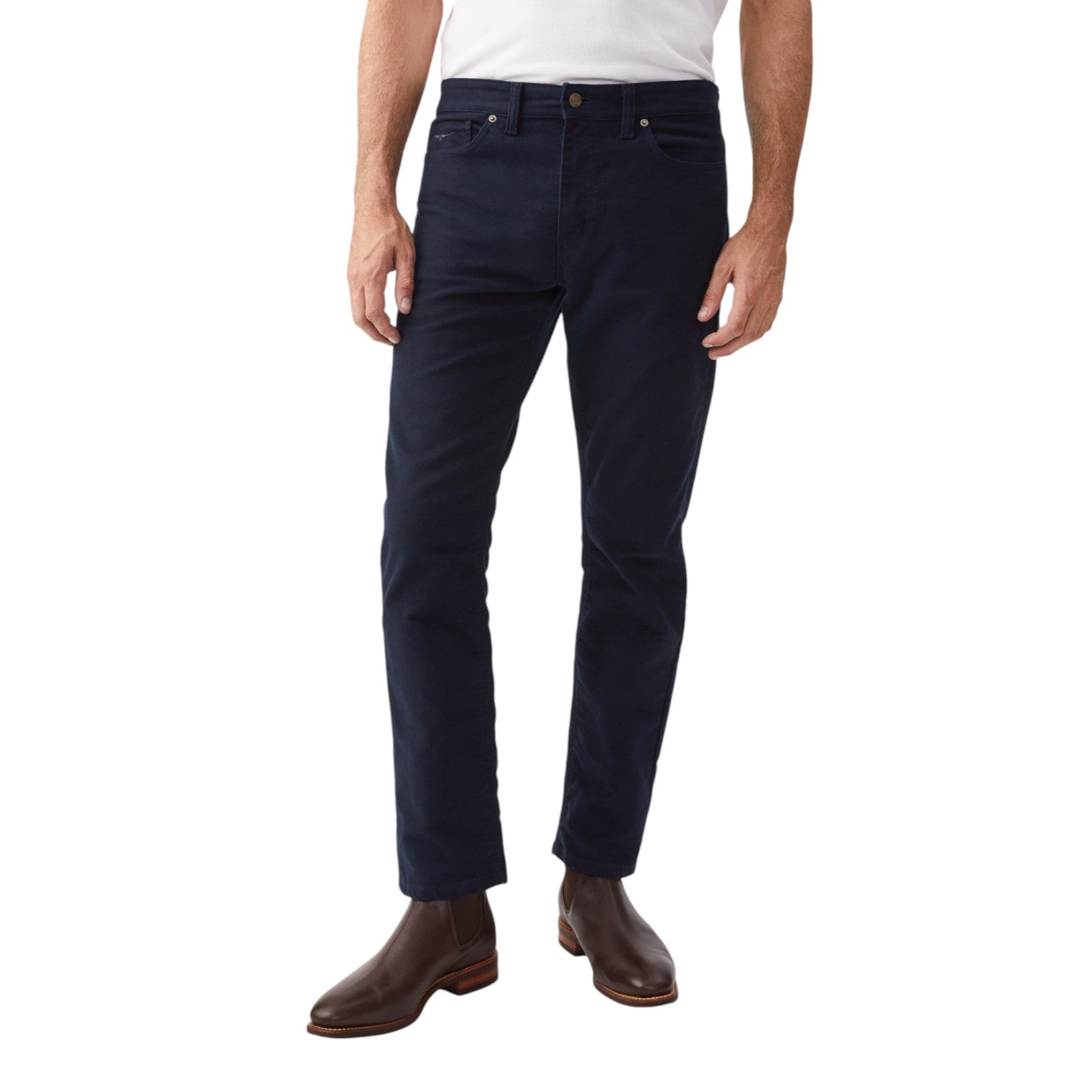 Person wearing navy blue pants on a white background