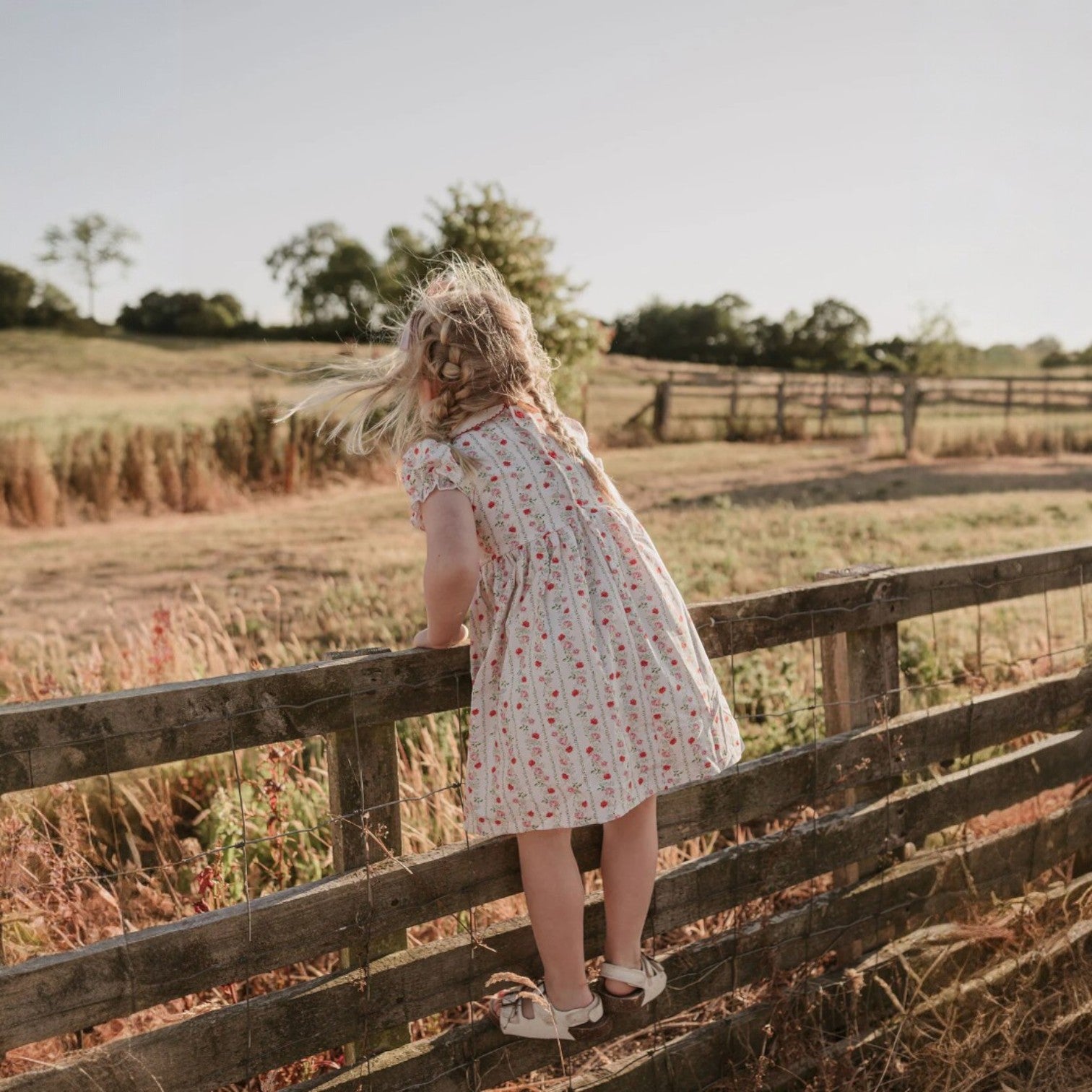 Woman in a floral dress standing on a wooden fence in a field