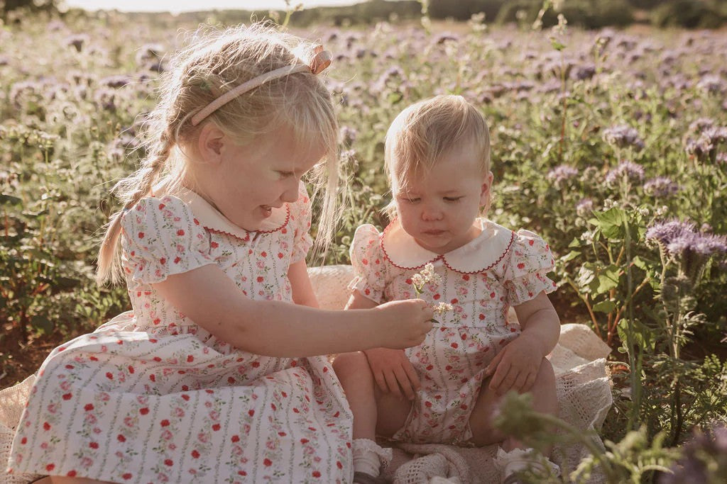 Two young girls in matching dresses sitting in a field of flowers.