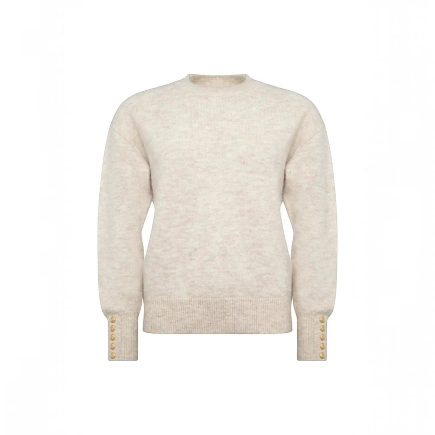 A cream-colored knit sweater with long sleeves and decorative gold buttons on the cuffs, shown against a plain white background.
