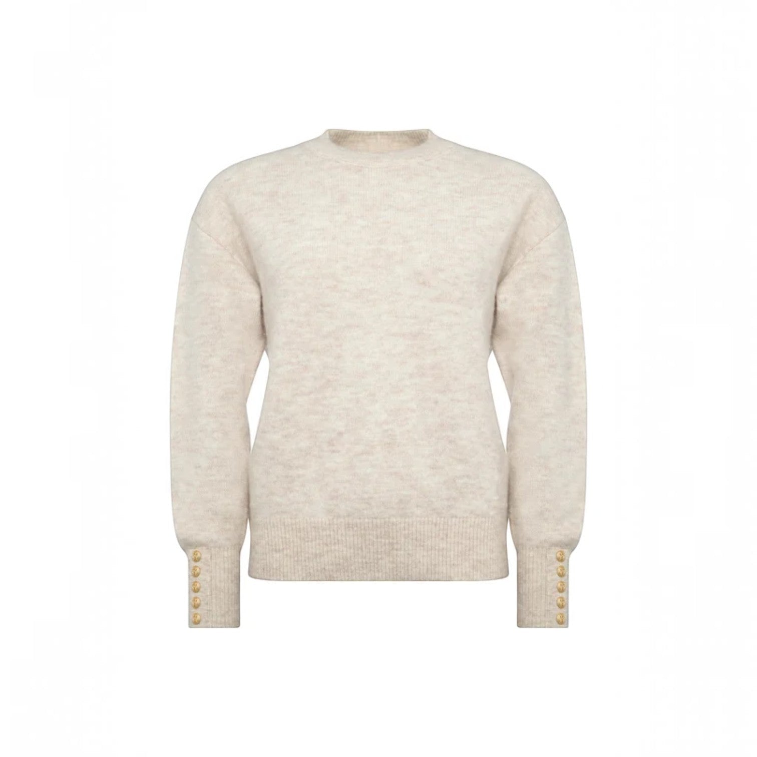 A cream-colored knit sweater with long sleeves and decorative gold buttons on the cuffs, shown against a plain white background.
