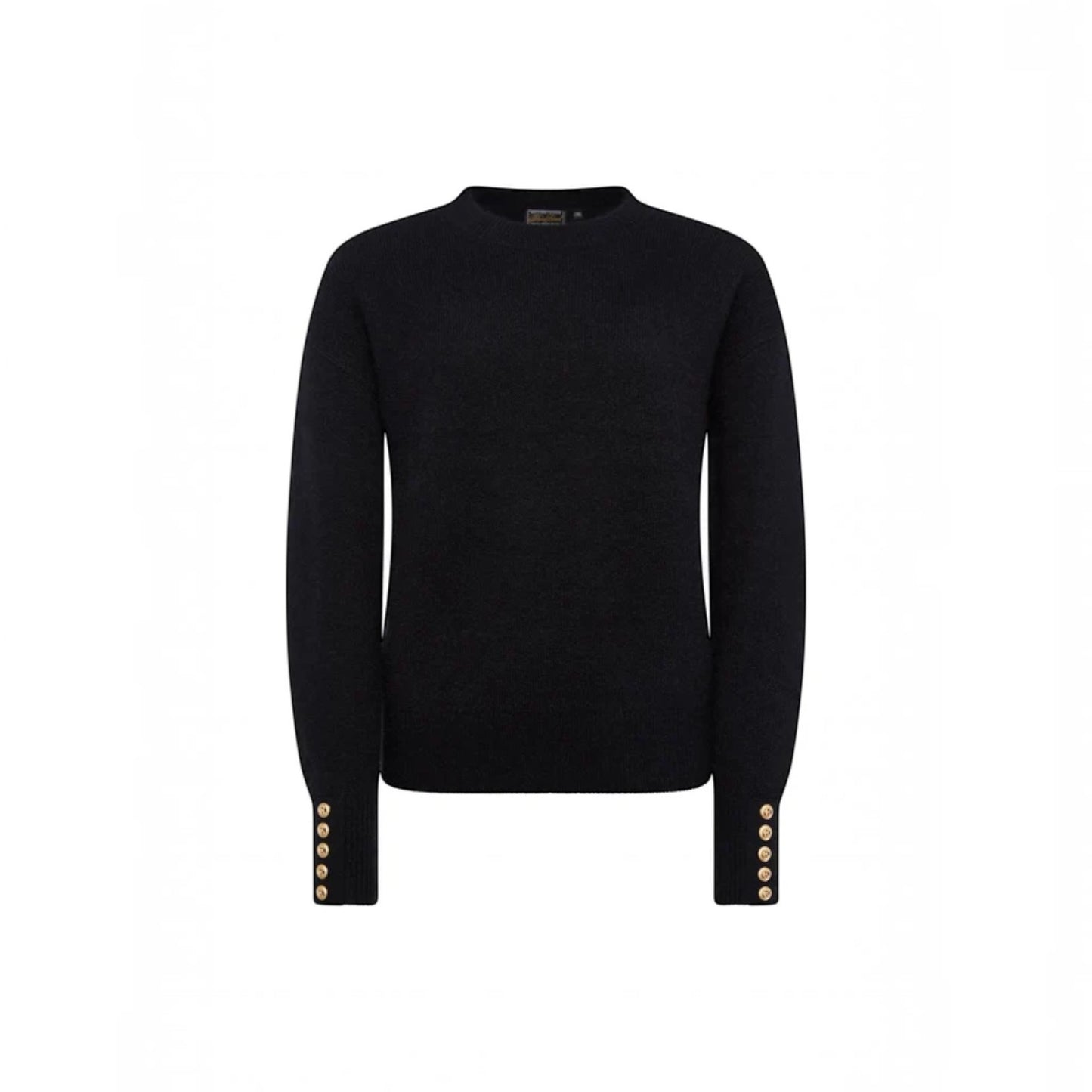 A black long-sleeve knit sweater with decorative gold buttons on the cuffs, displayed against a solid white background.
