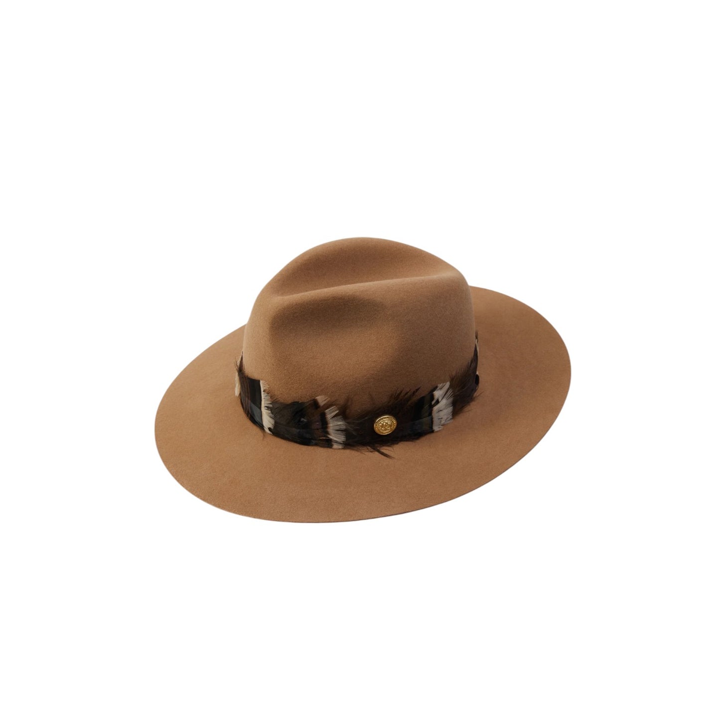 Holland Cooper Trilby Hat Iridescent Feather Band Camel