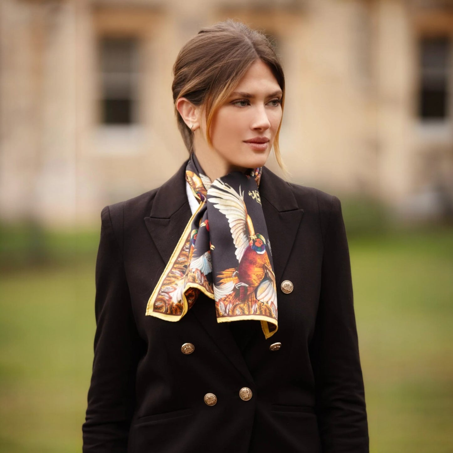 Clare Haggas Turf War Black & Gold Pheasant Narrow Silk Scarf