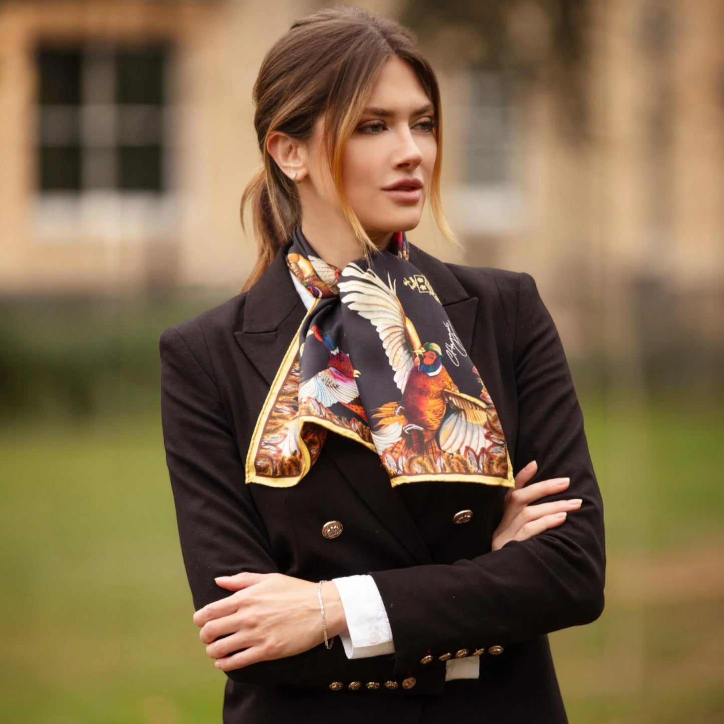 Clare Haggas Turf War Black & Gold Pheasant Narrow Silk Scarf