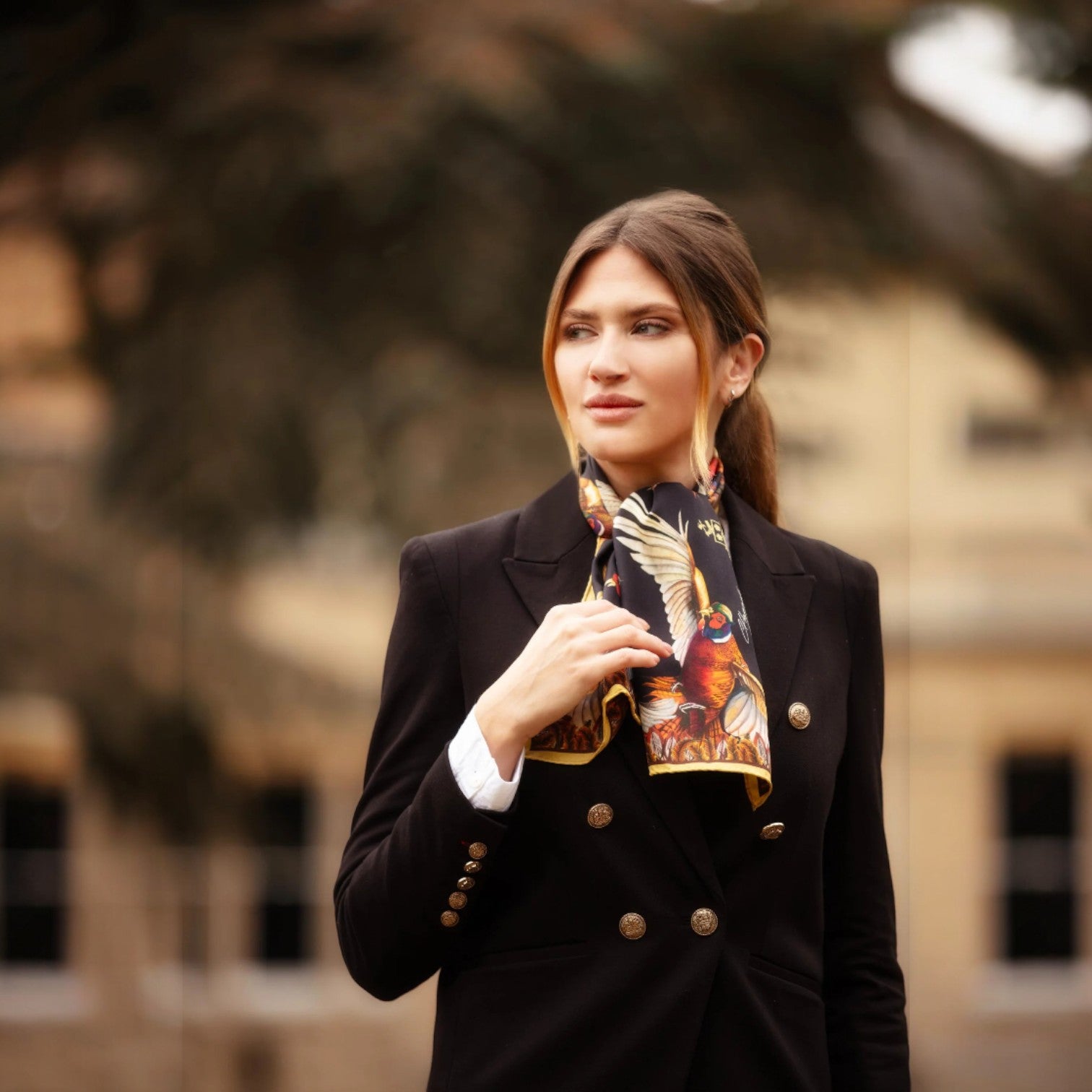 Clare Haggas Turf War Black & Gold Pheasant Narrow Silk Scarf