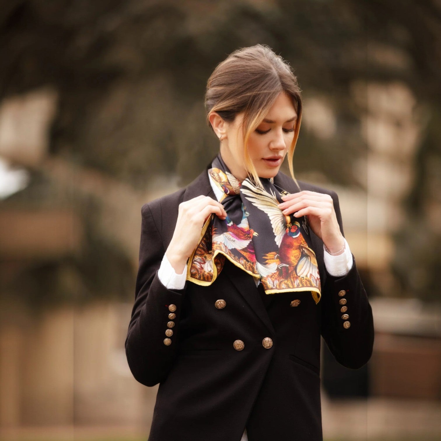 Clare Haggas Turf War Black & Gold Pheasant Narrow Silk Scarf