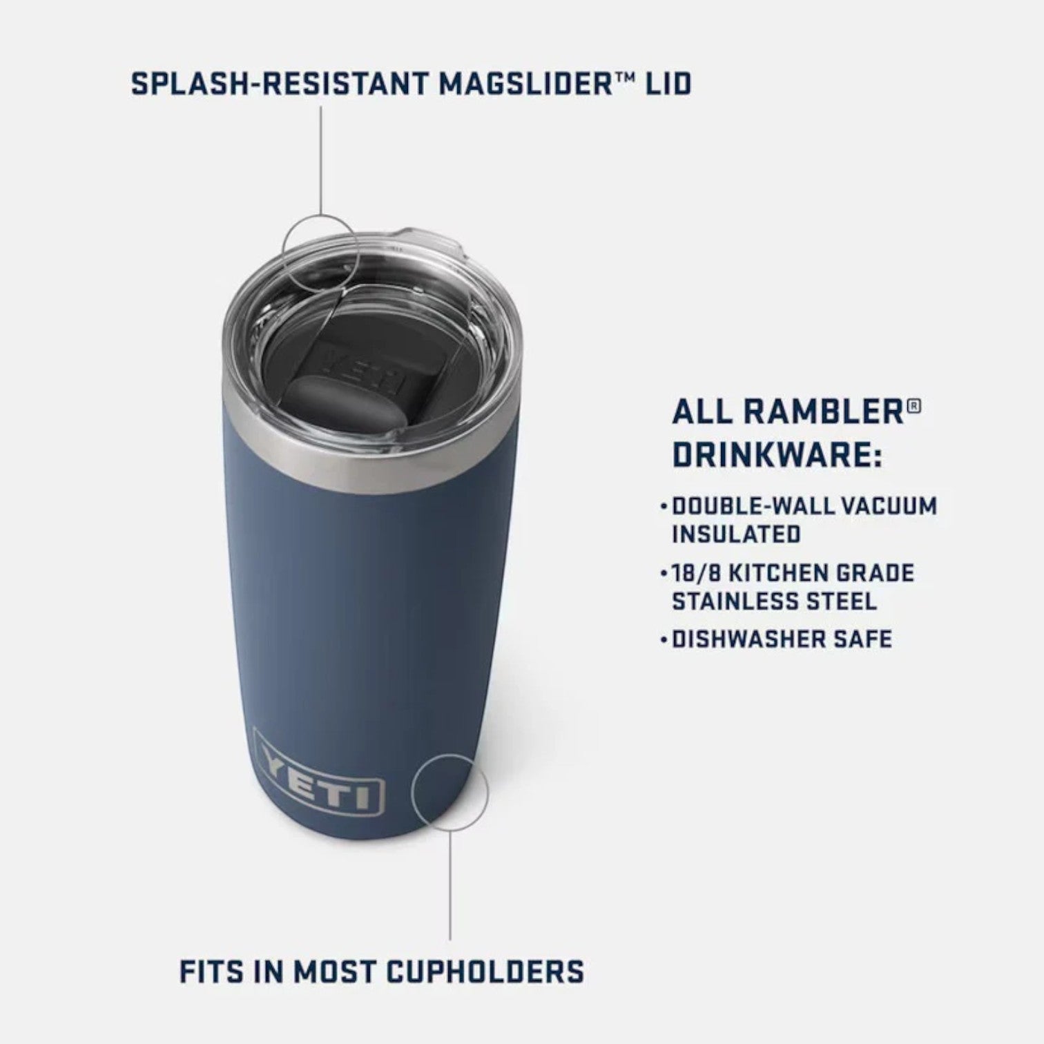 Blue YETI tumbler with splash-resistant mag slider lid on a white background