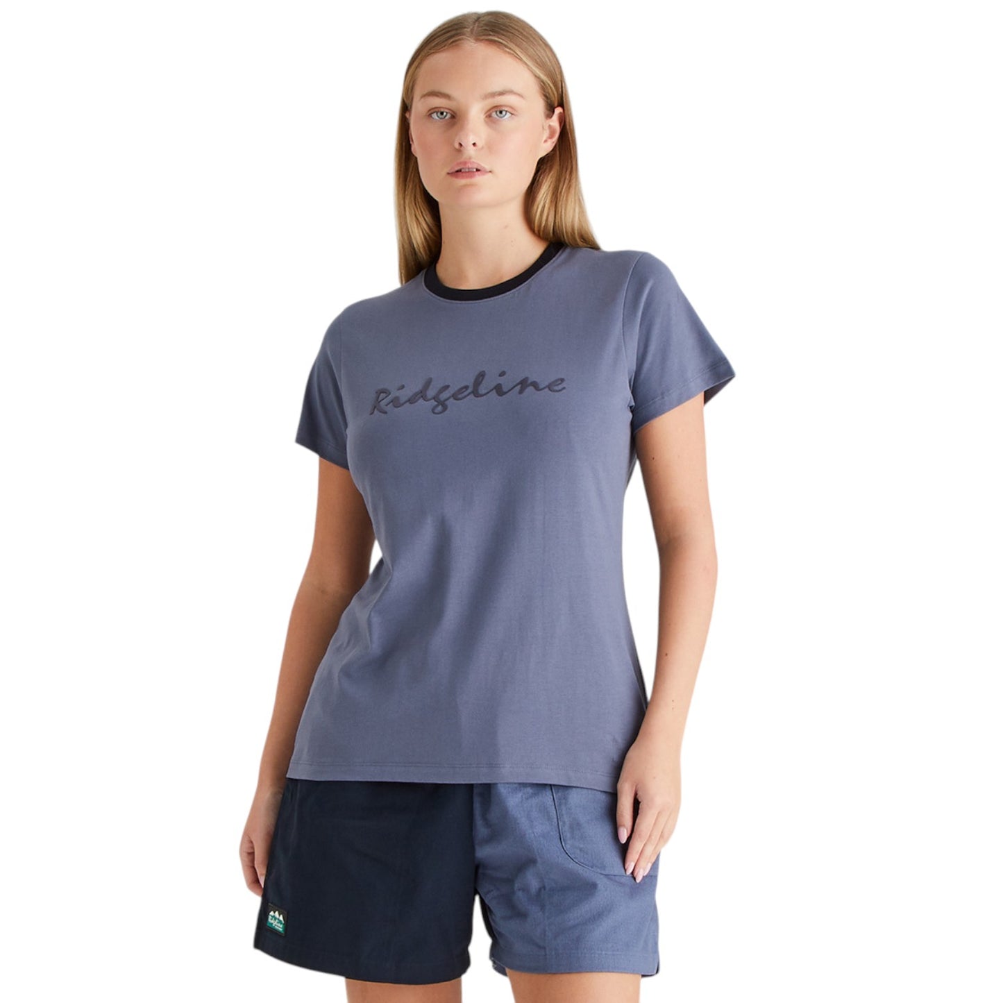 Woman wearing a blue t-shirt with 'Ridgeline' branding on a white background