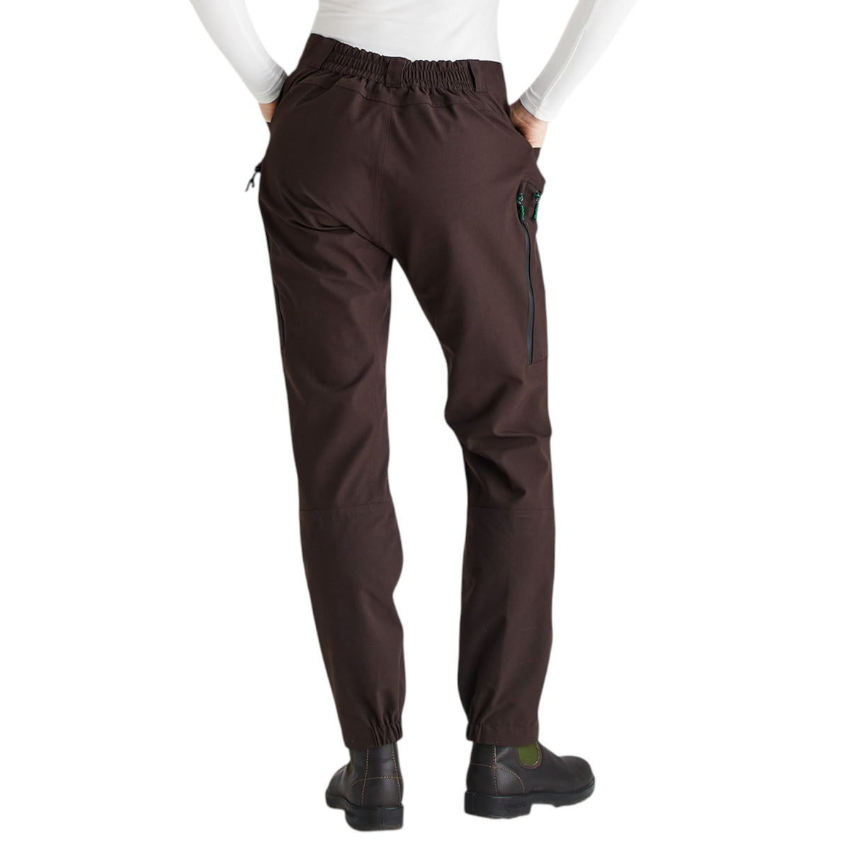 Dark brown cargo-style pants with an elastic waistband and zippered side pockets, shown on a model from the back against a white background.