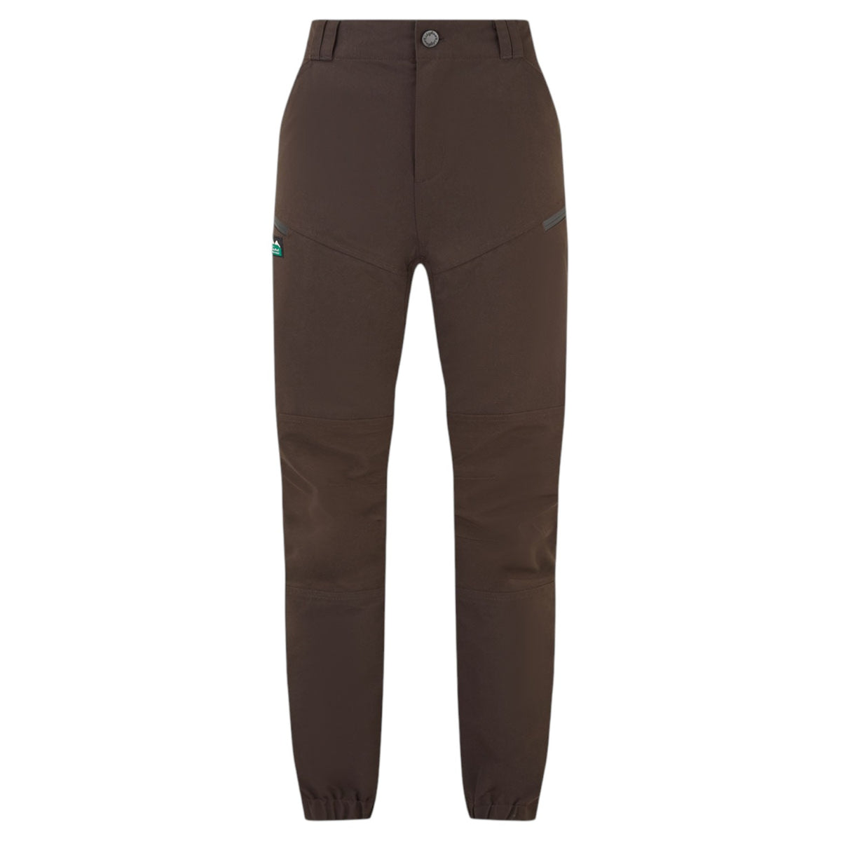 A pair of dark brown technical outdoor pants shown flat against a solid white background.