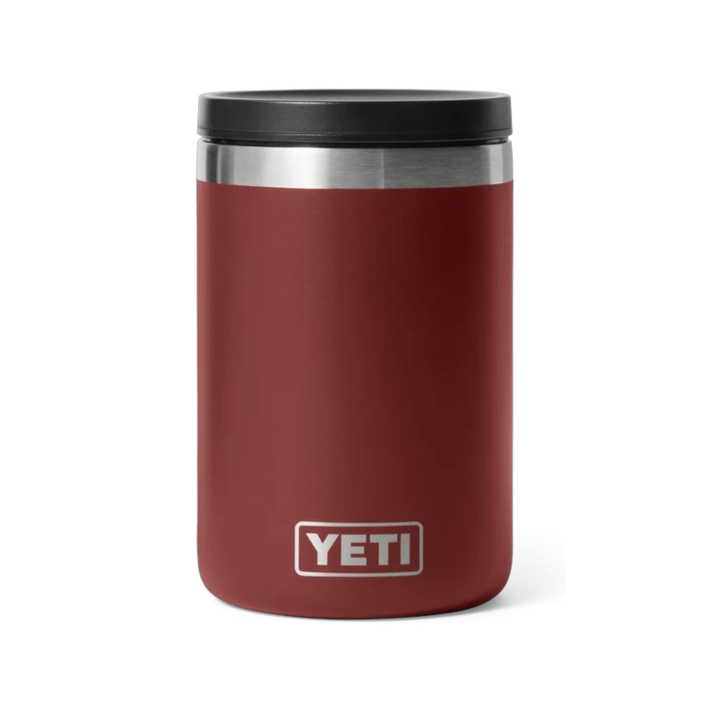 A YETI insulated tumbler in matte burgundy red with a black lid and a silver stainless steel band near the top, featuring the YETI logo on the front.