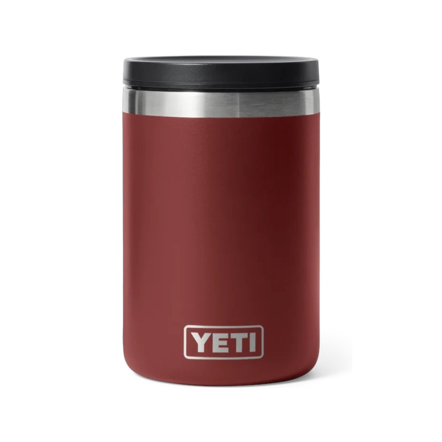 A YETI insulated tumbler in matte burgundy red with a black lid and a silver stainless steel band near the top, featuring the YETI logo on the front.