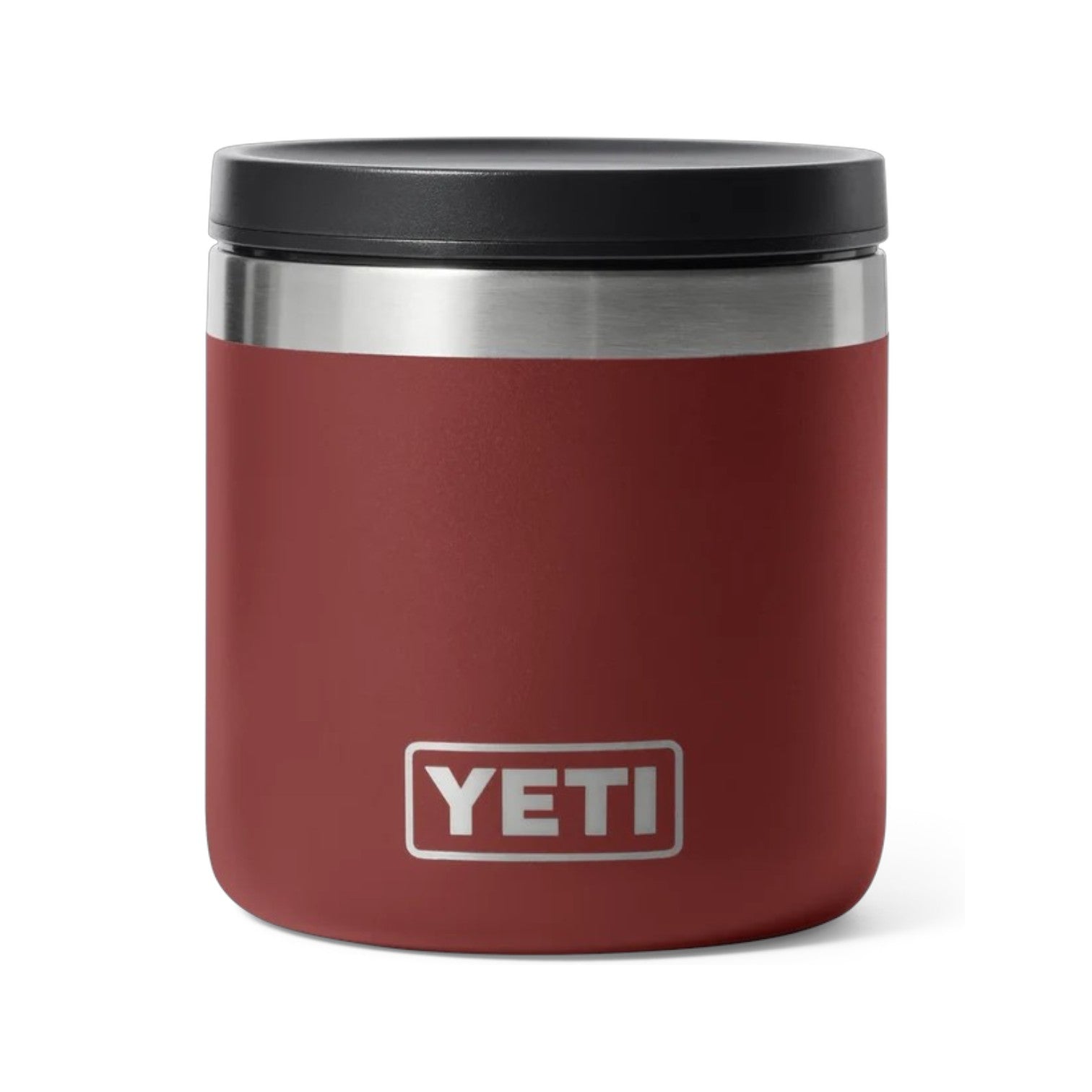 A YETI insulated can cooler in matte red with a black lid and a silver stainless steel band near the top, featuring the white YETI logo on the front.