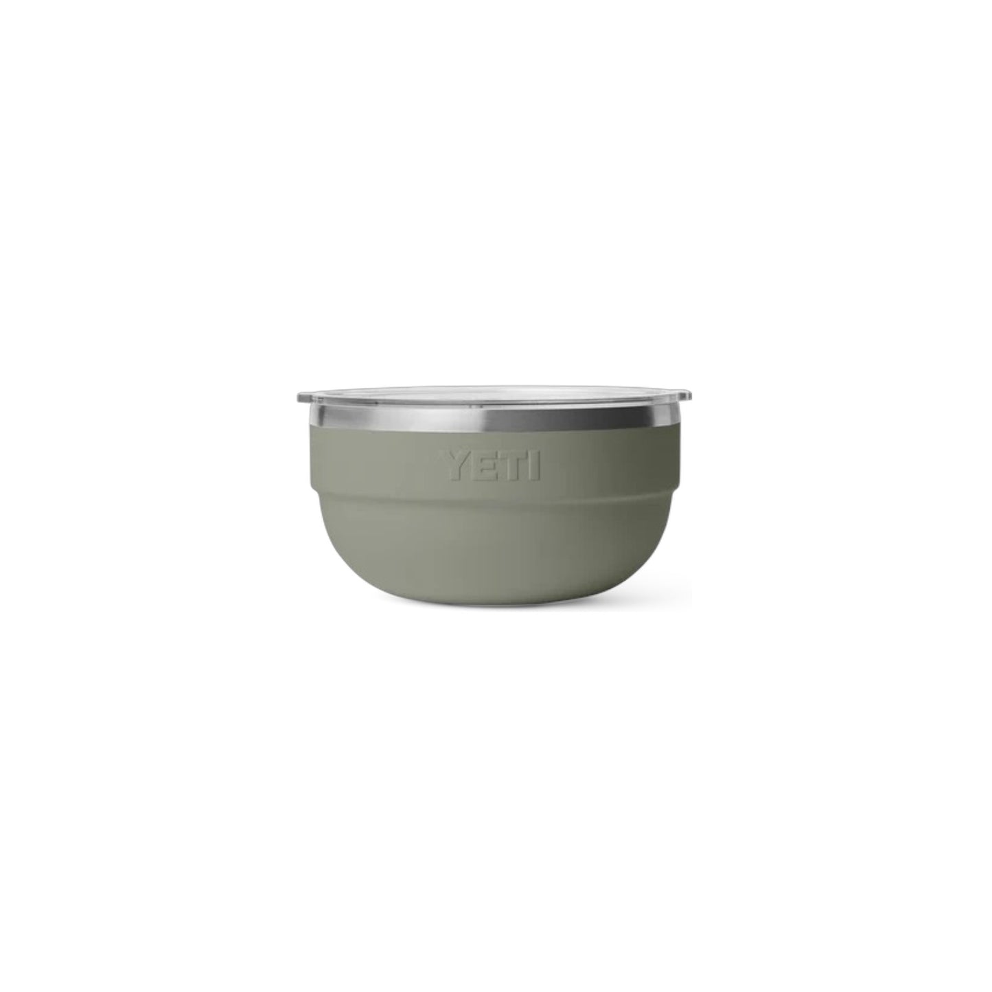 A YETI insulated bowl in sage green with a stainless steel rim and a matching lid, shown on a clean white background.