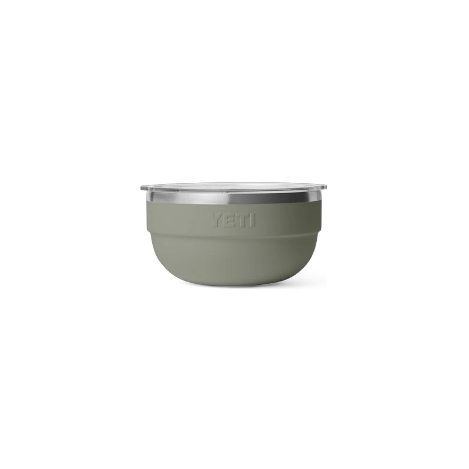 A YETI insulated bowl in sage green with a stainless steel rim and a matching lid, shown on a clean white background.