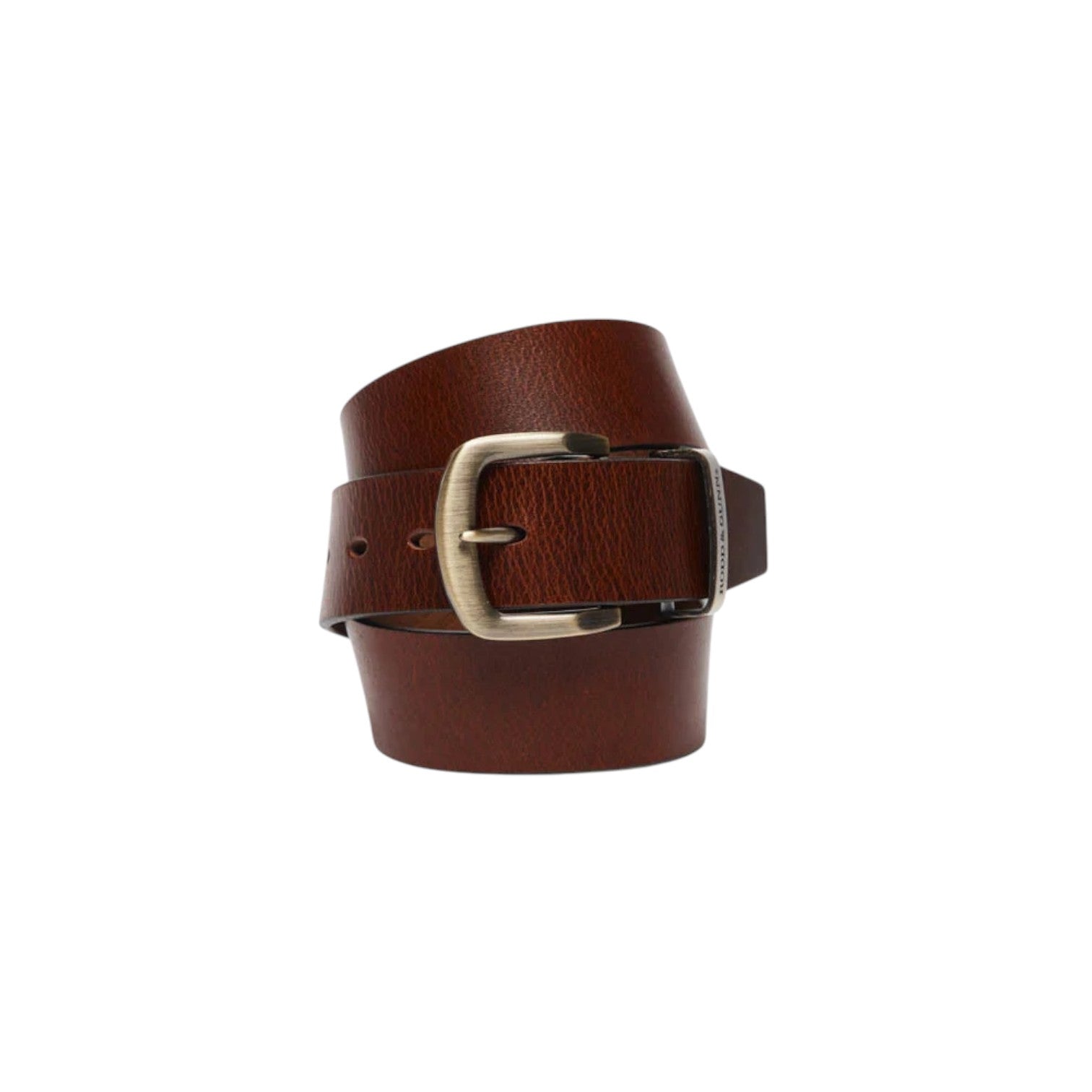 Brown leather belt with a gold buckle on a white background