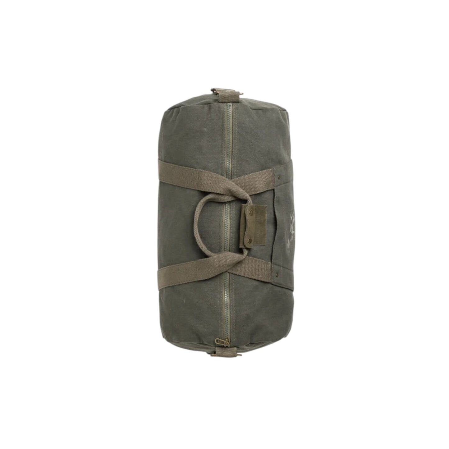 Green duffel bag with straps on a white background