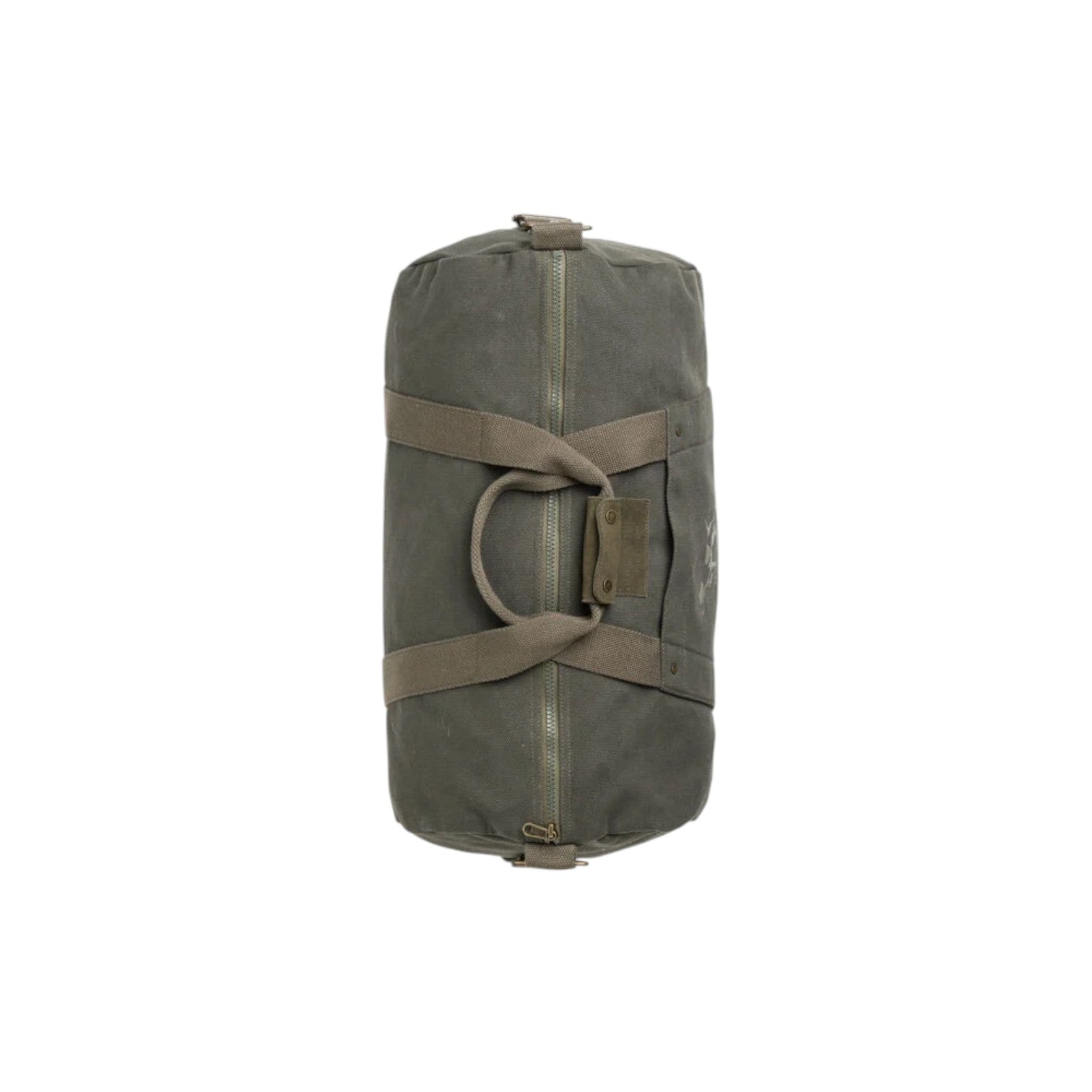 Green duffel bag with straps on a white background