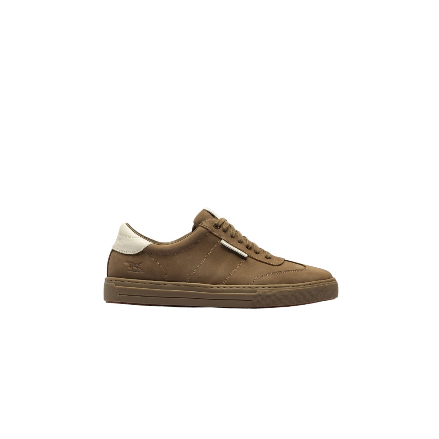 Brown sneaker with white sole on a white background