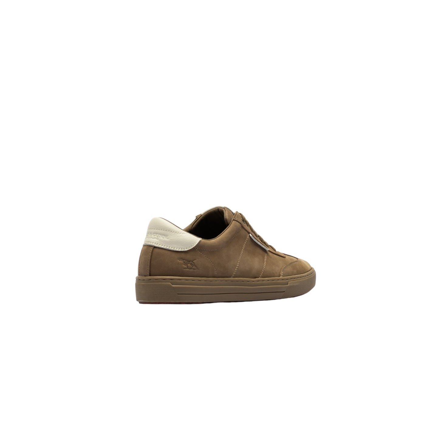 Brown sneaker with white sole on a white background