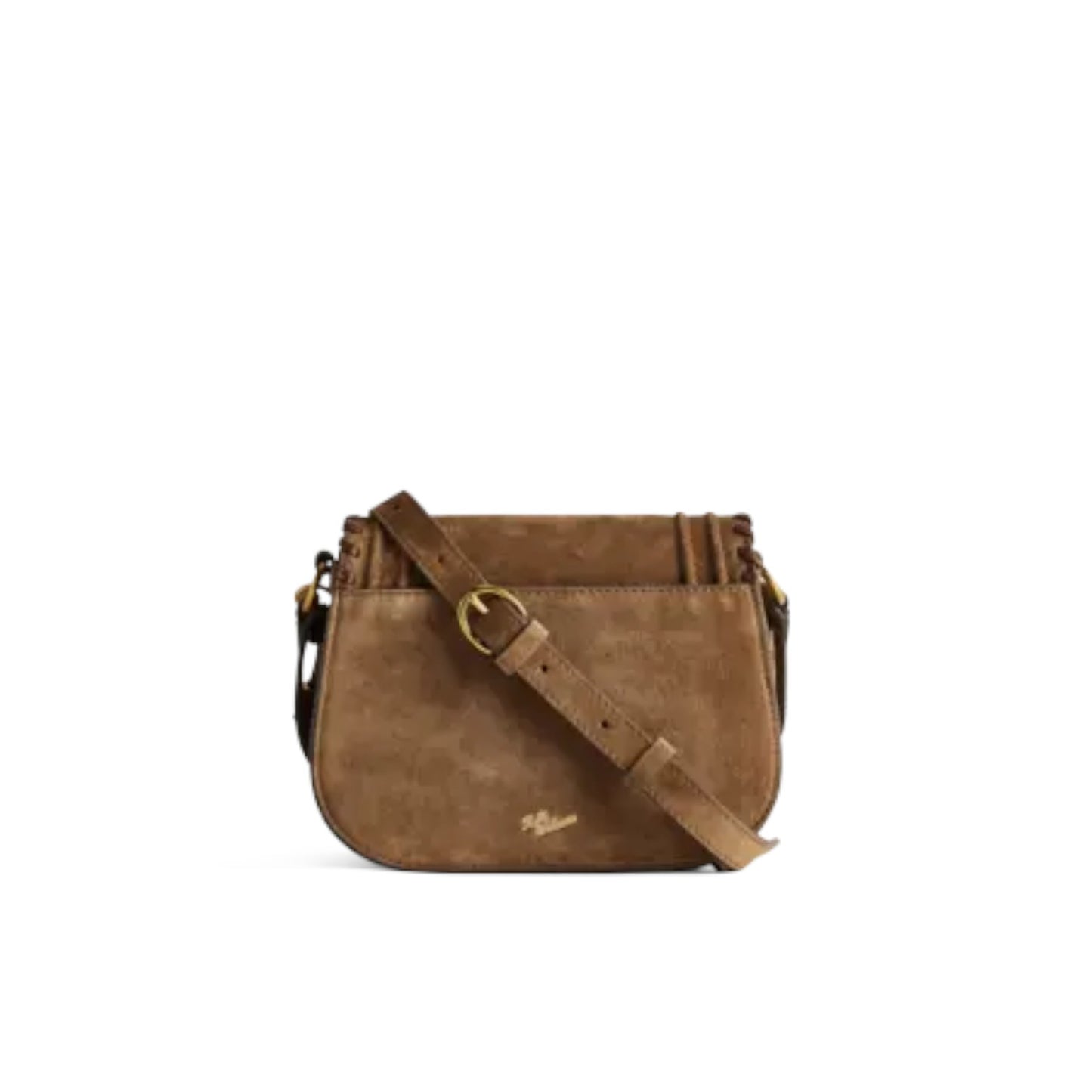 A brown suede crossbody bag with a matching adjustable shoulder strap and gold-tone hardware, shown against a plain white background.