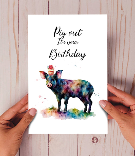 Pig out its your birthday (20 Cake) Funny Animal Pig card: Celo wrapped