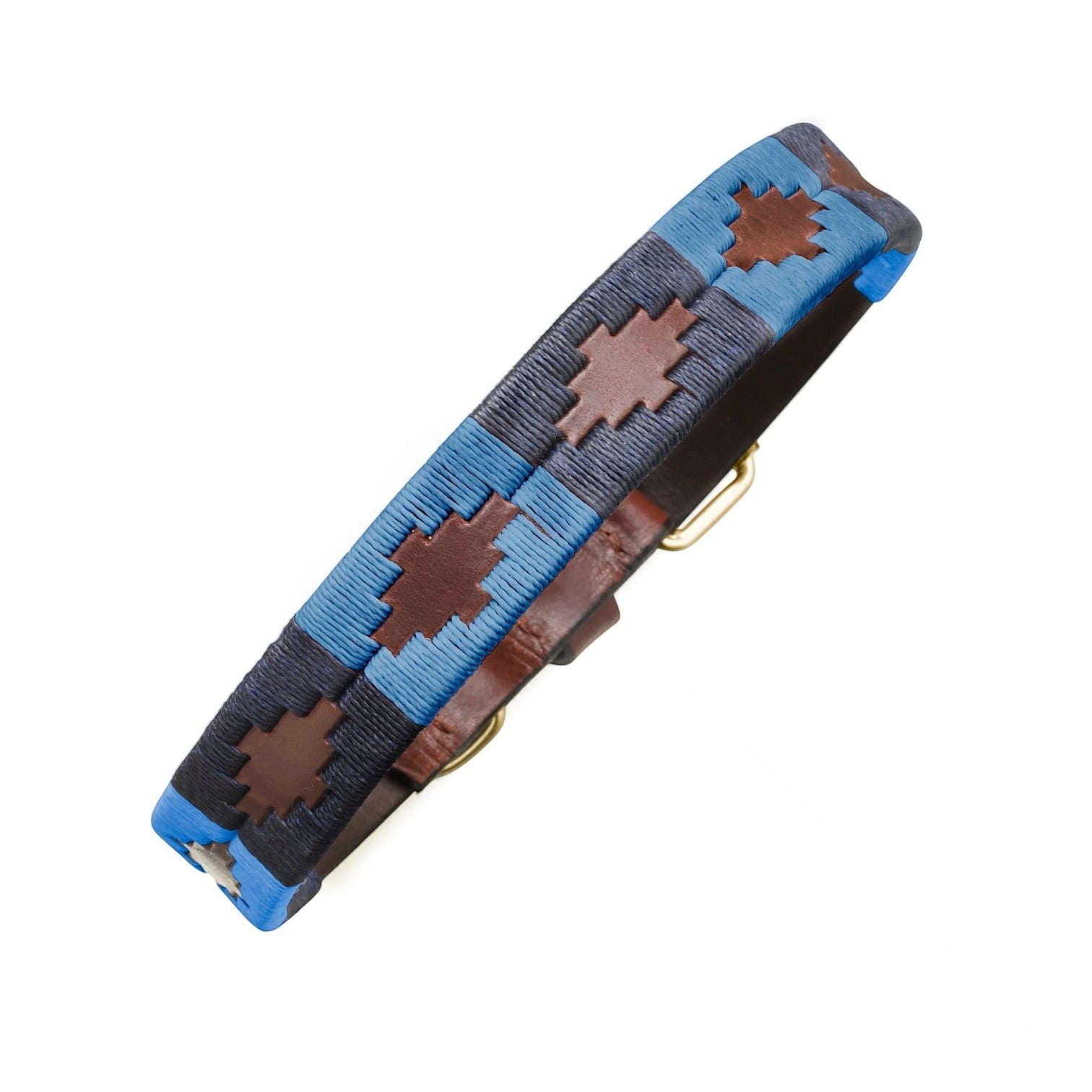 Dog collar with blue and brown pattern on a white background