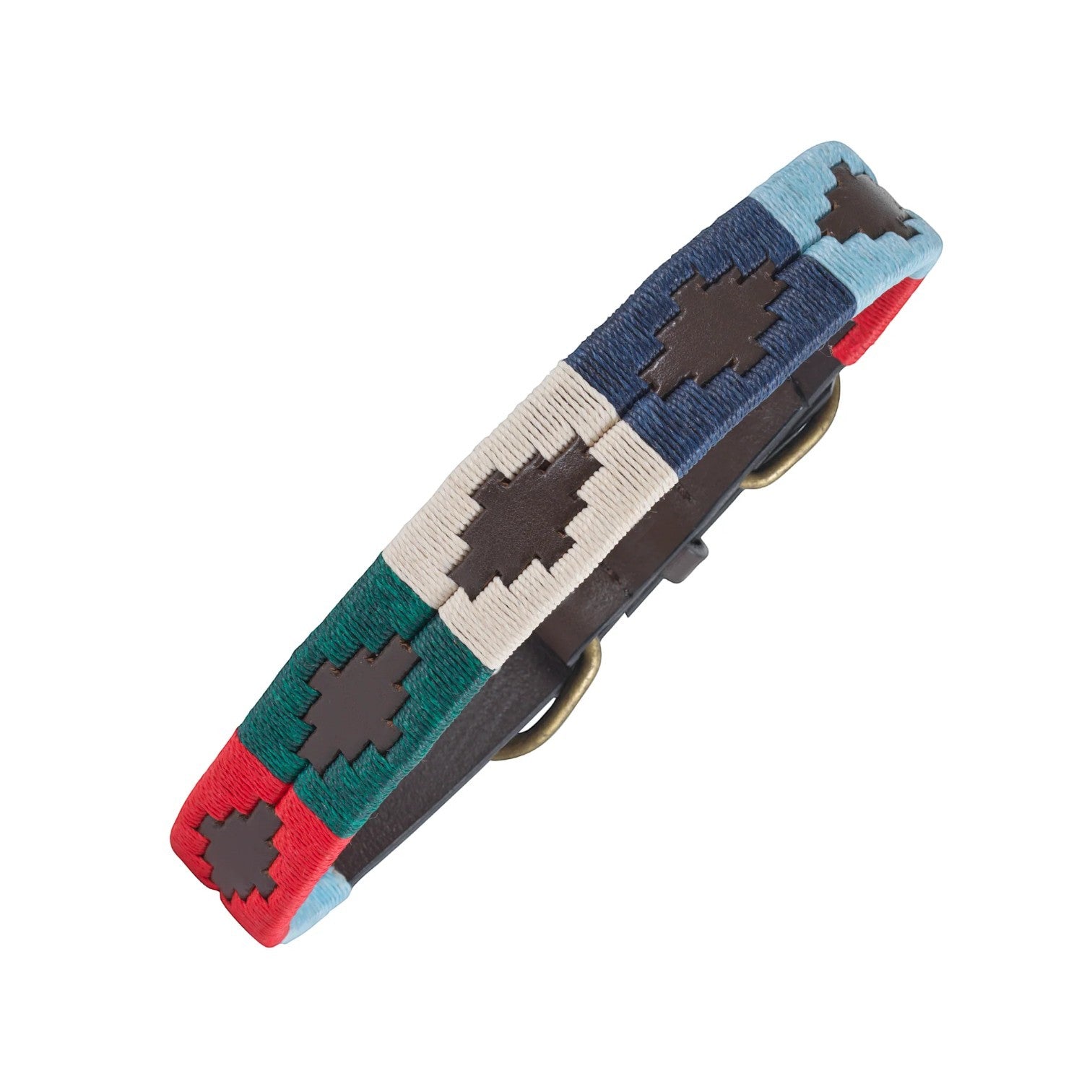 Colorful woven belt with geometric pattern on a white background