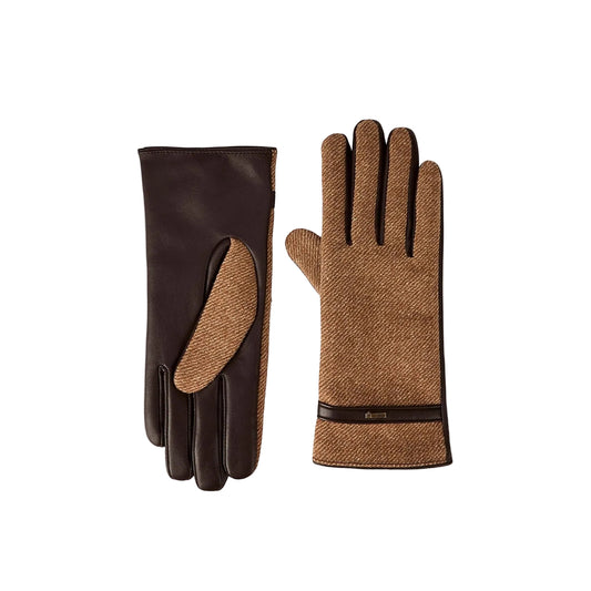 A pair of luxury gloves shown from both sides against a light gray background. One glove is shown palm-side, featuring a dark brown leather back with a tan herringbone woolen thumb panel.