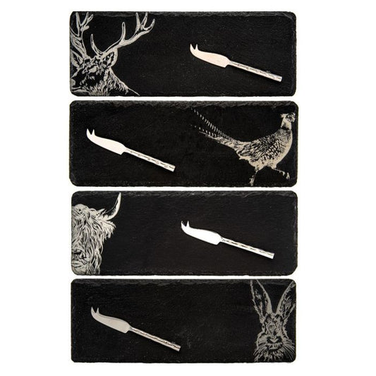 4 Mini Slate Cheese Board & Knife Sets - Country Animals