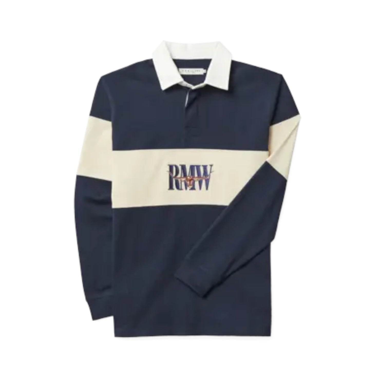 Navy and beige rugby shirt with 'RMW' logo on a white background