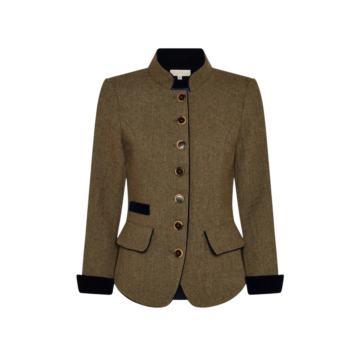 Cheshire Country Store Guinea Richmond brown herringbone tweed jacket with navy velvet trim and Nehru collar.