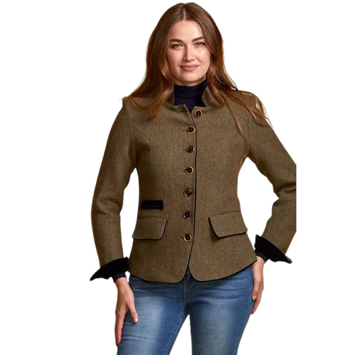Cheshire Country Store brown herringbone tweed jacket with navy velvet trim, Nehru collar, and horn buttons.