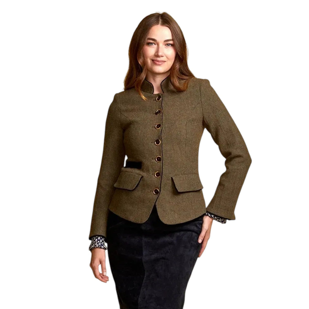 Cheshire Country Store Guinea Richmond brown herringbone tweed jacket with navy velvet trim and Nehru collar