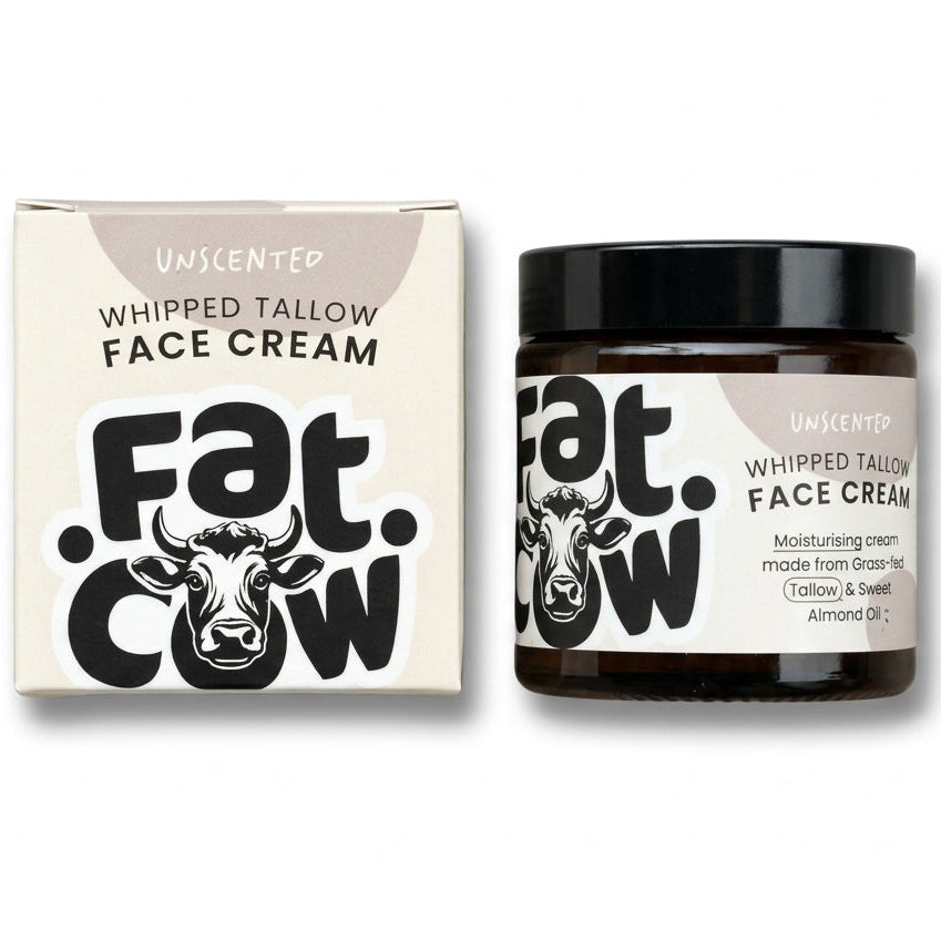 Cheshire Country Store Fat Cow unscented whipped grass-fed tallow face cream in a glass jar with matching box.