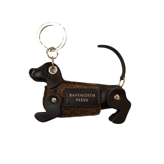 Barkworth Reeve Sausage Dog Key Ring Chocolate Leather & Brown Country Tweed